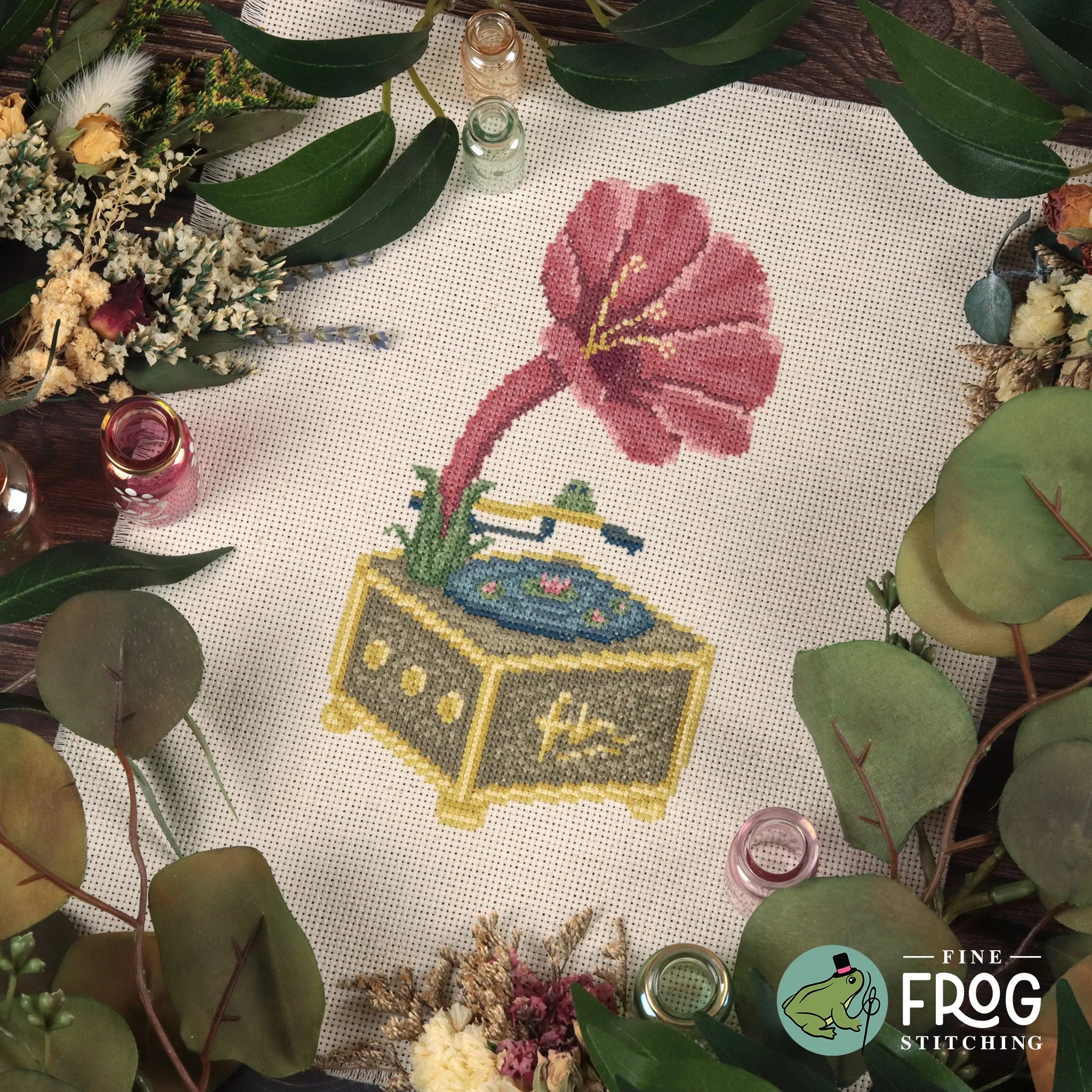 Floral Phonograph - Fine Frog Stitching - Cross Stitch Pattern