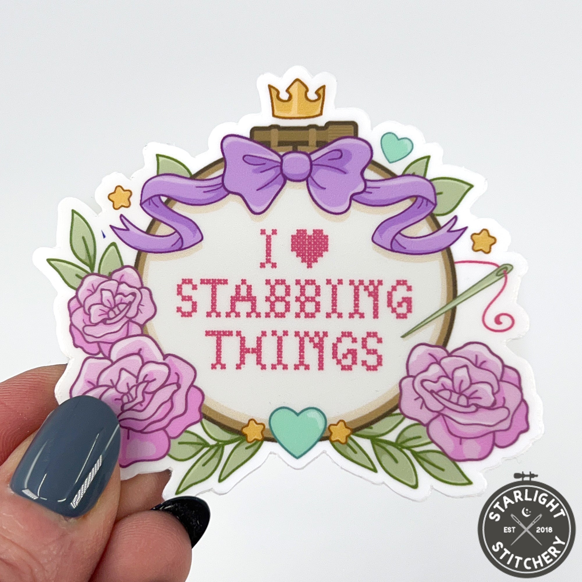 I Heart Stabbing Things Cross Stitch Sticker - Susan's Sweet Squees