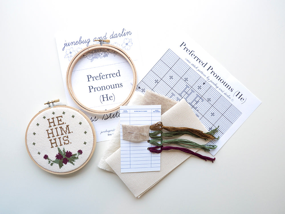 Pronouns "He" - Junebug and Darlin - Cross Stitch Kit