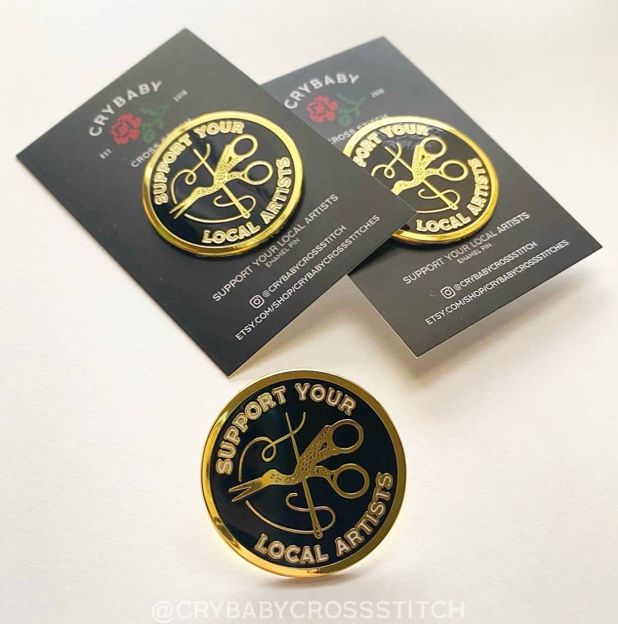 Support Your Local Artists Enamel Pin - CryBaby Cross Stitch