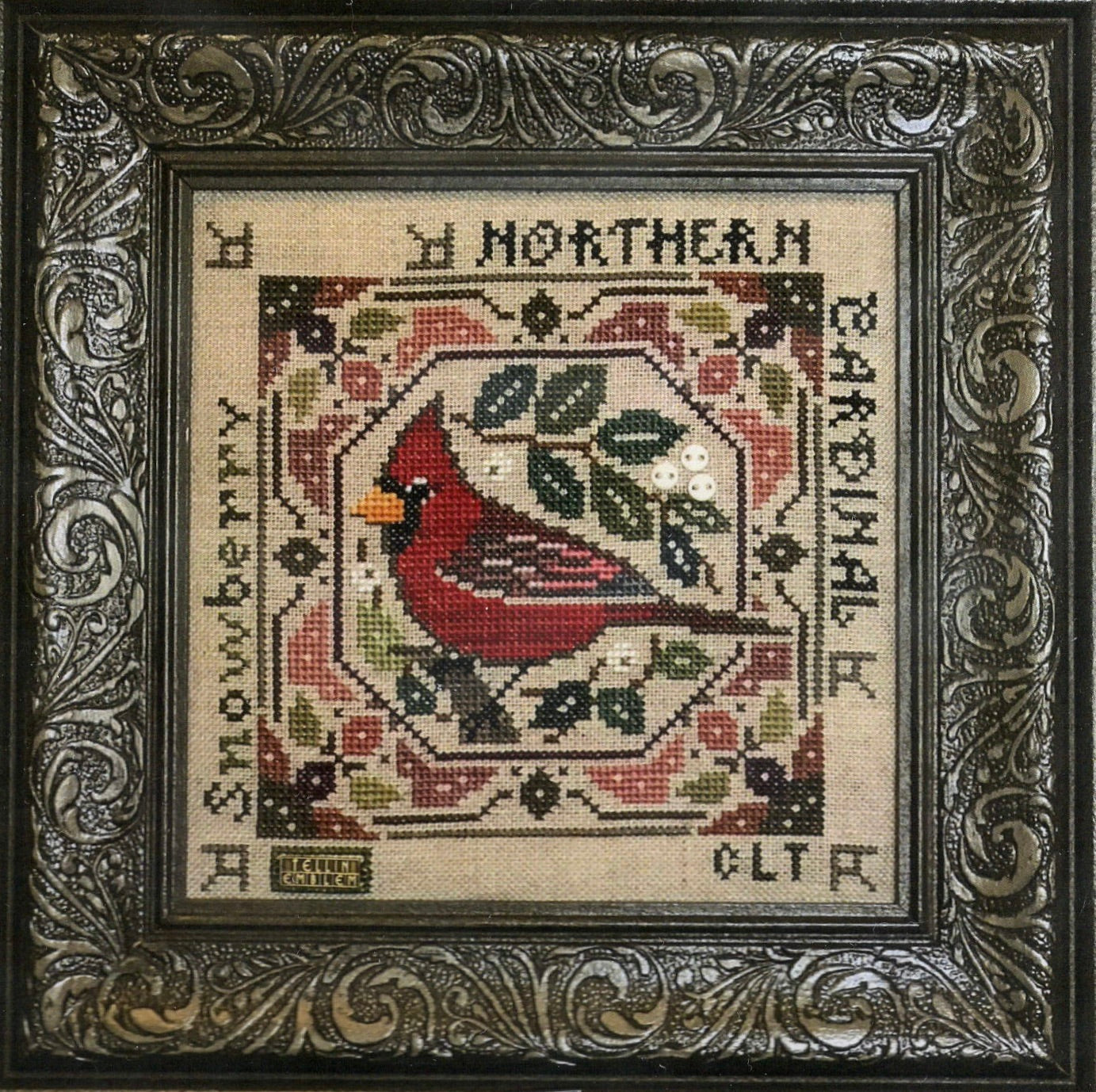 Northern Cardinal (Birdie & Berries) - Tellin Emblem - Cross Stitch Pattern
