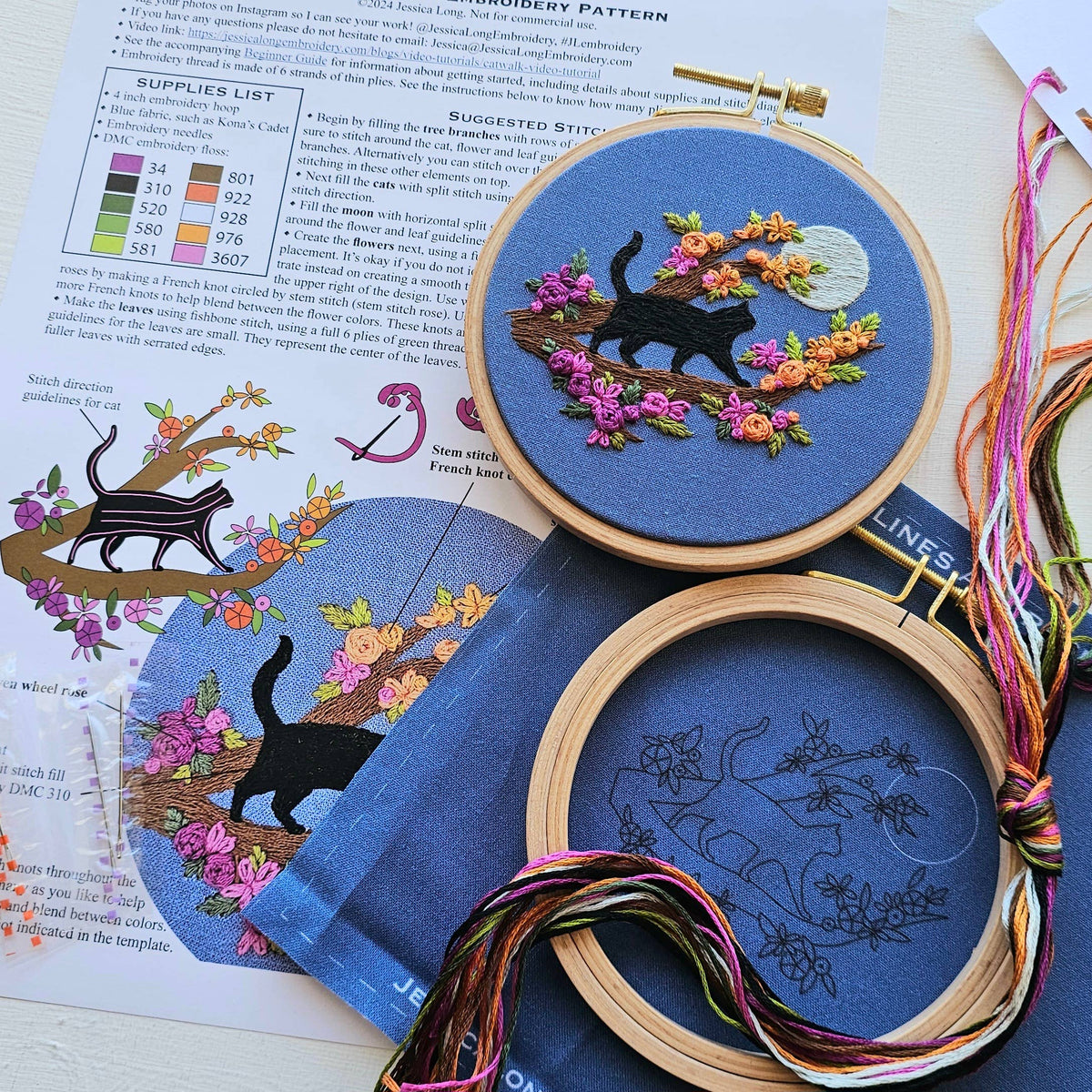 Mini Black Cat & Full Moon Embroidery Kit - Jessica Long Embroidery