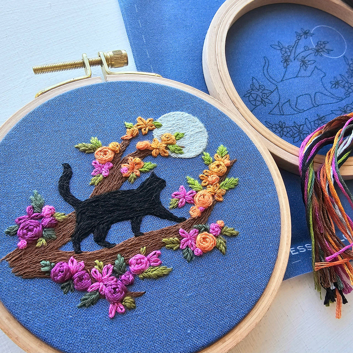 Mini Black Cat & Full Moon Embroidery Kit - Jessica Long Embroidery