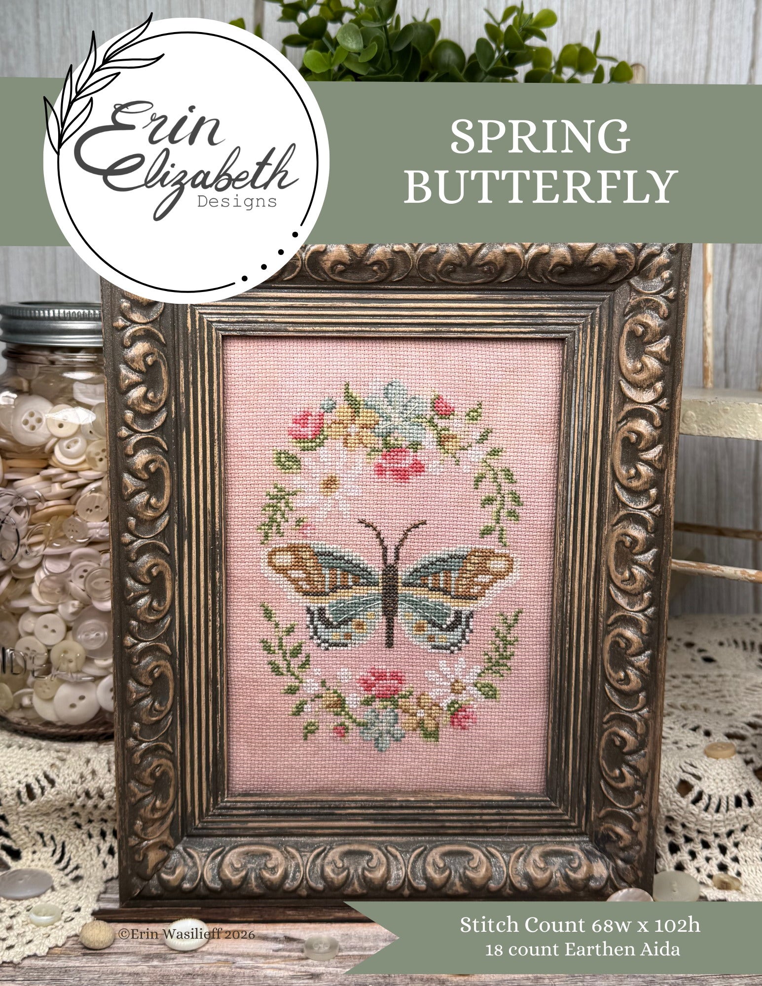 Spring Butterfly - Erin Elizabeth Designs - Cross Stitch Pattern [Nashville 2026]