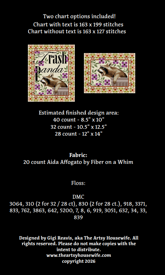 Trash Panda - The Artsy Housewife - Cross Stitch Pattern [Needlework Marketplace 2026]