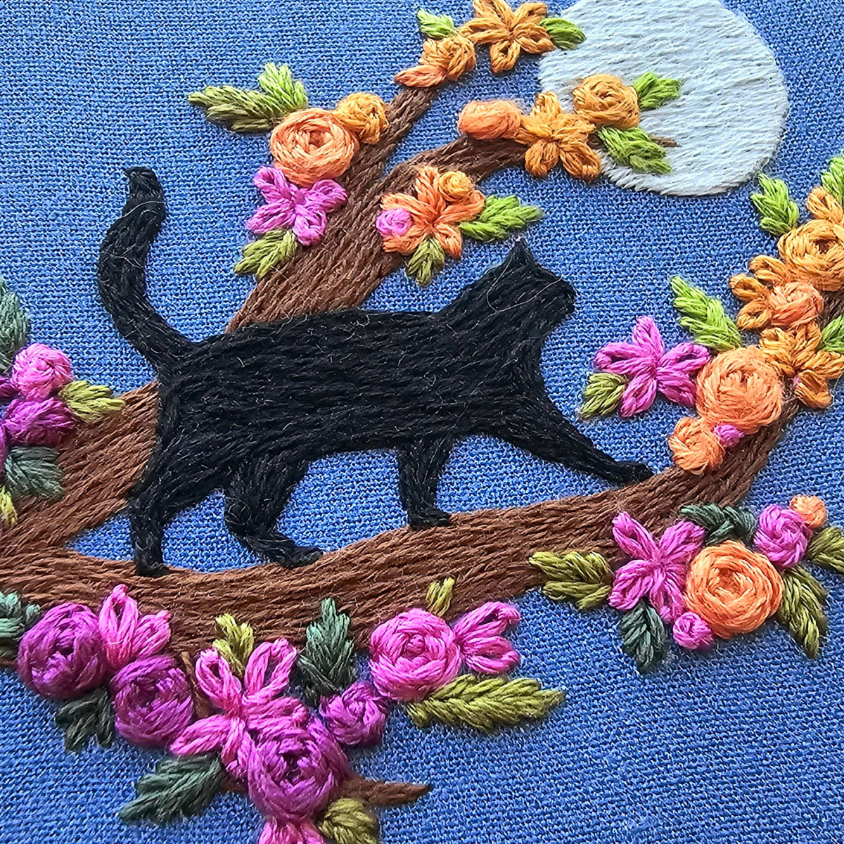Mini Black Cat & Full Moon Embroidery Kit - Jessica Long Embroidery