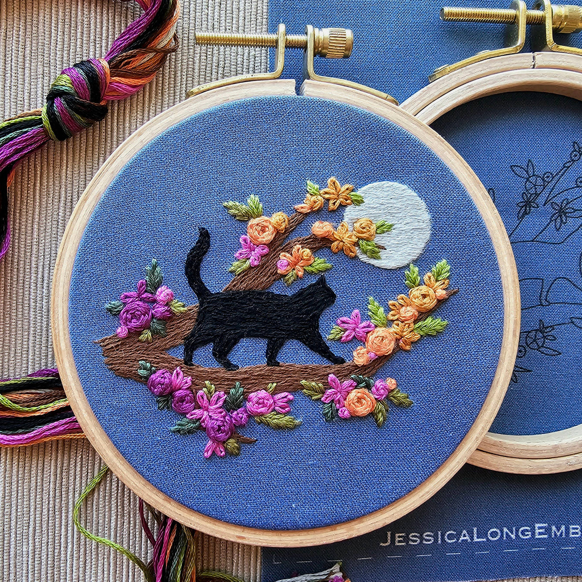 Mini Black Cat & Full Moon Embroidery Kit - Jessica Long Embroidery