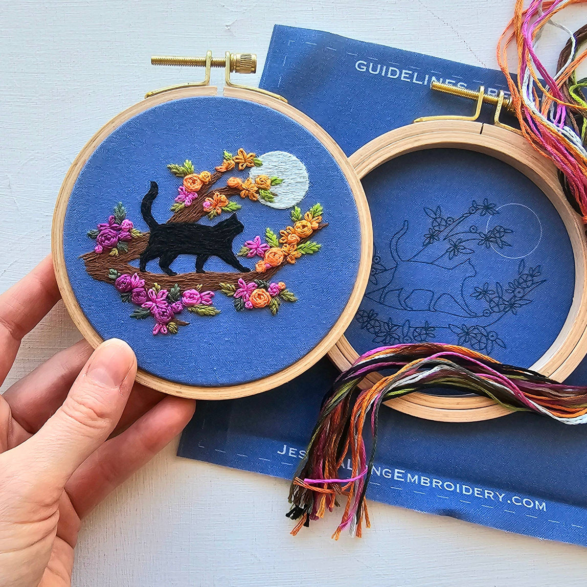 Mini Black Cat & Full Moon Embroidery Kit - Jessica Long Embroidery