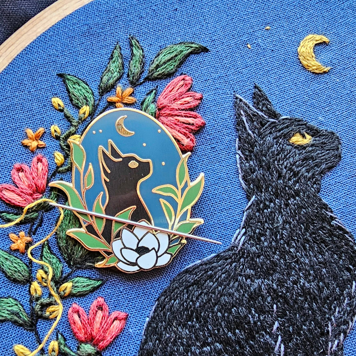 Black Cat Enamel Needle Minder - Jessica Long Embroidery