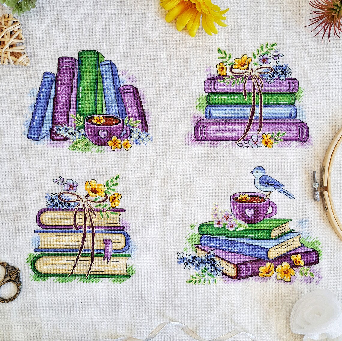 Books, Flowers, & Tea Sampler - Artmishka Cross Stitch - Cross Stitch Patterns