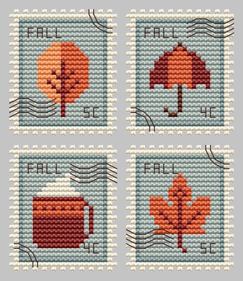 Fall Postage Stamps - Cute Embroidery by Kate - Cross Stitch Pattern