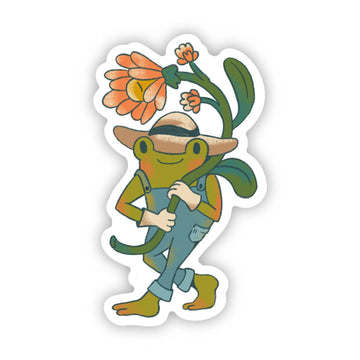 Frog in Overalls Hugging Flowers Sticker - Big Moods