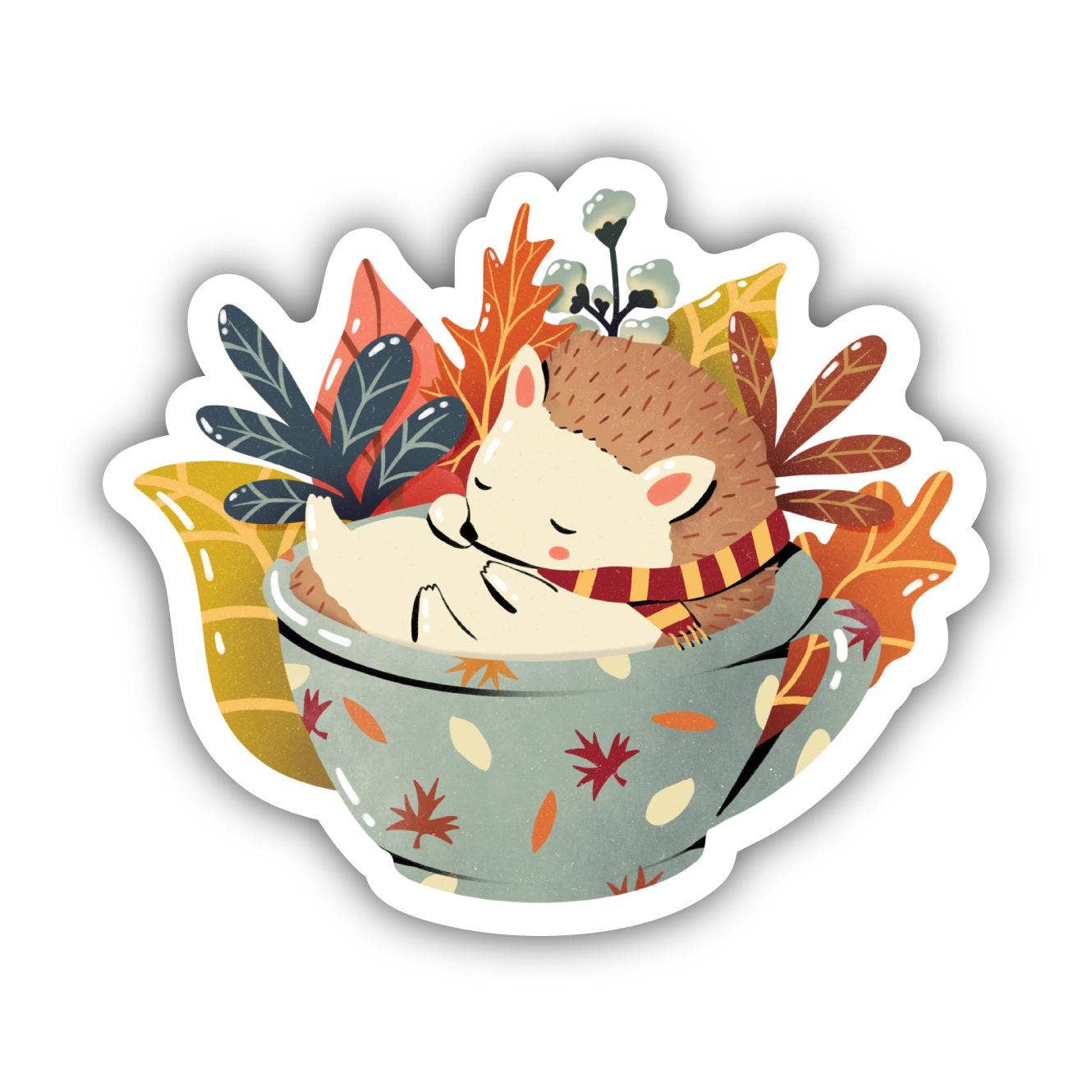 Cozy Hedgehog In Teacup Autumn Sticker - Big Moods