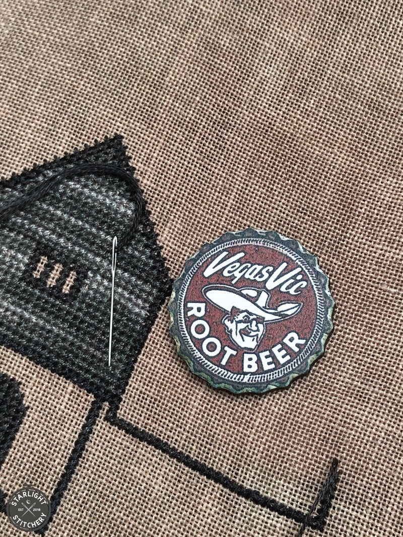Root Beer Bottle Cap Wooden Needleminder - KittenStitcher