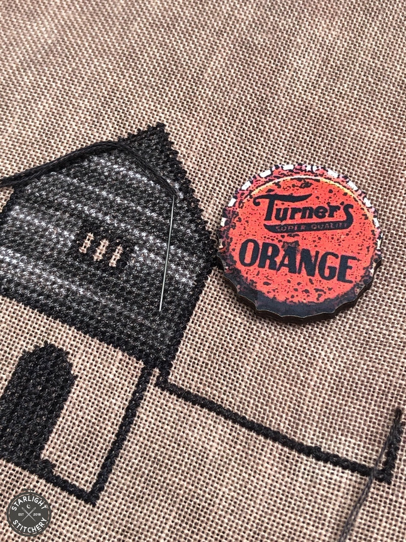 Orange Soda Bottle Cap Wooden Needleminder - KittenStitcher
