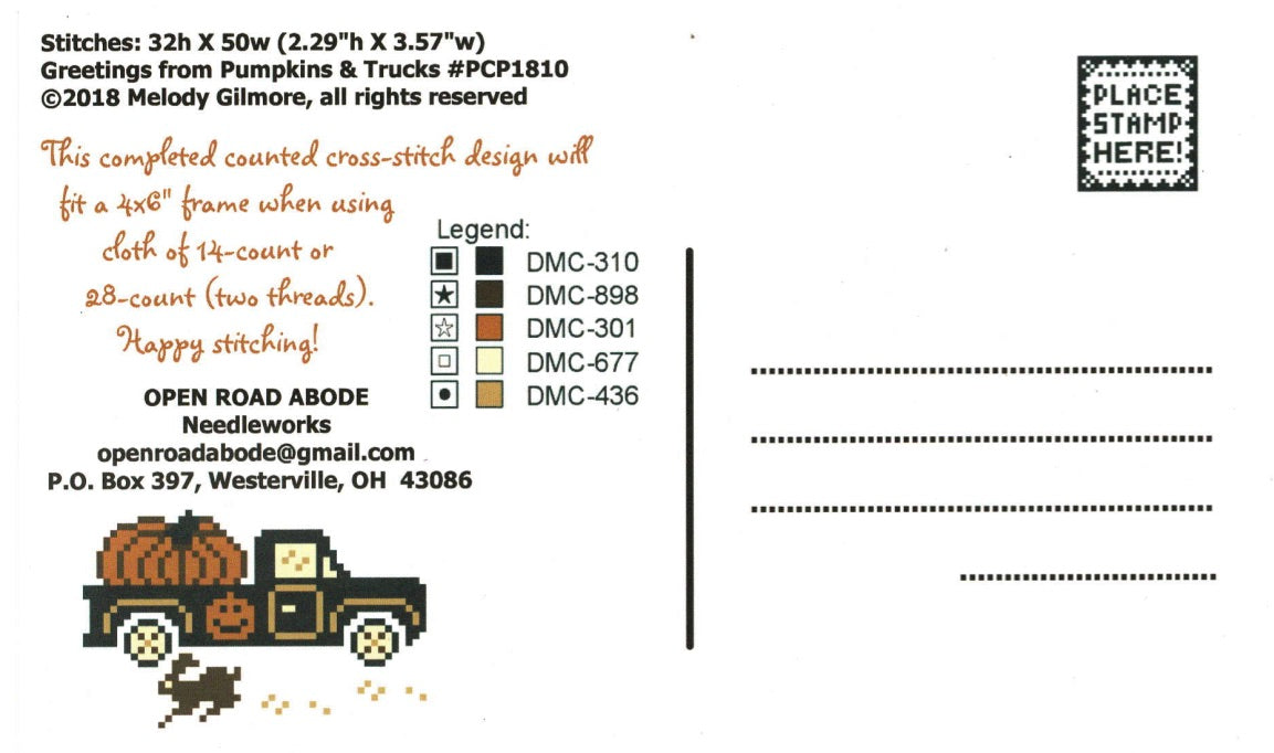 Greetings from Pumpkins & Trucks - Open Road Abode - Cross Stitch Pattern