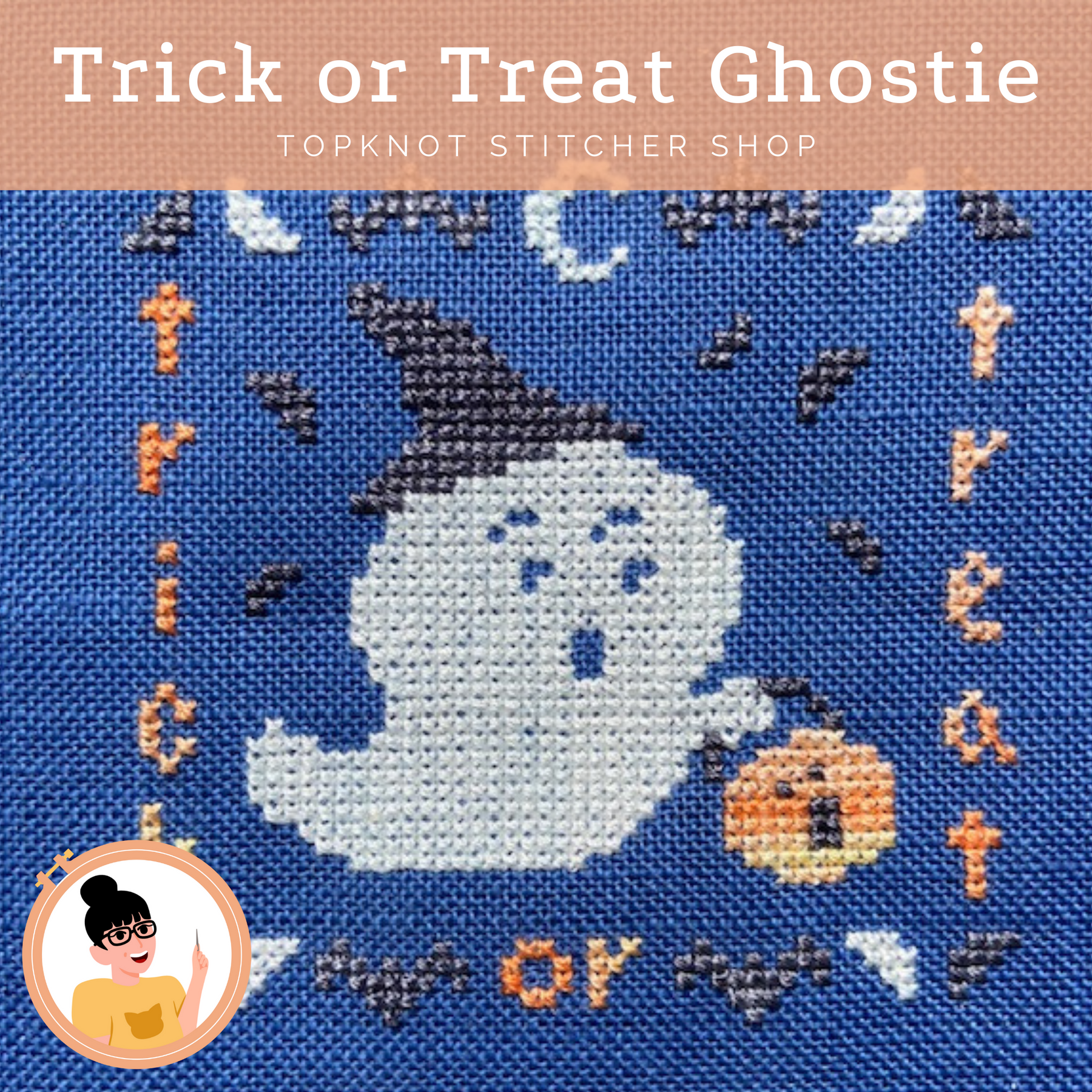 Trick or Treat Ghostie - TopKnot Stitcher Shop - Cross Stitch Pattern