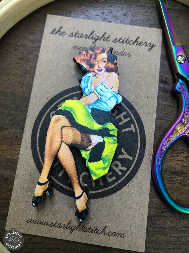 Vintage Pinup Girl Wooden Needle Minders