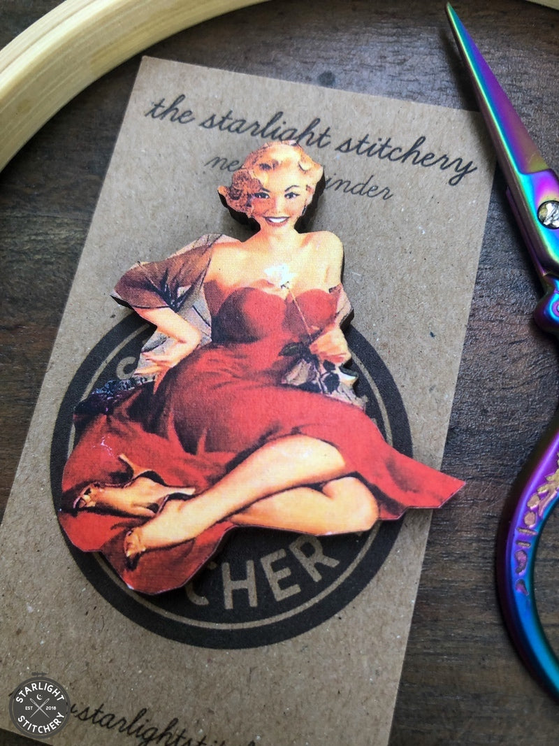 Vintage Pinup Girl Wooden Needle Minders